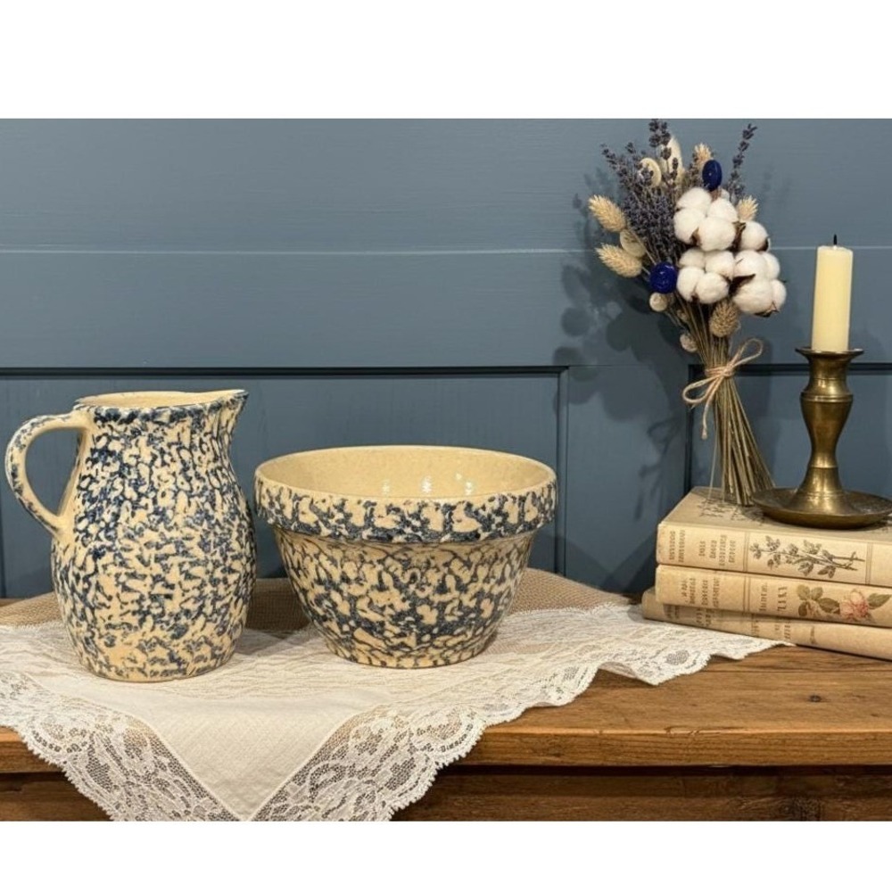 Robinson Ransbottom Blue Spongeware Pottery Mixing Bowl and Pitcher Set USA